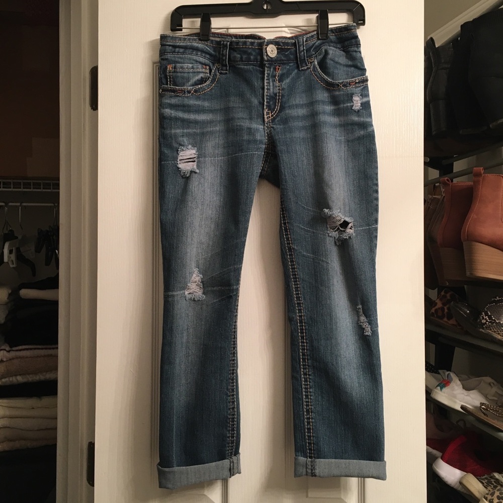Hydraulic distressed raw hem jeans sz 9/10